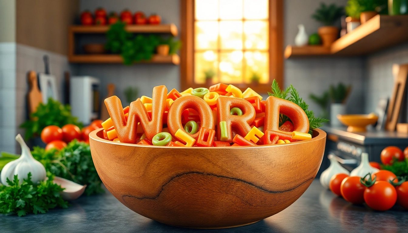 Create a delicious Word Soup with colorful ingredients and letter-shaped pasta in a cozy kitchen.