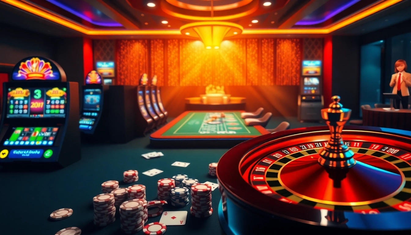 Expérience engageante de casino en ligne mettant en avant des éléments de jeu vibrants comme des machines à sous, des cartes et de la roulette.