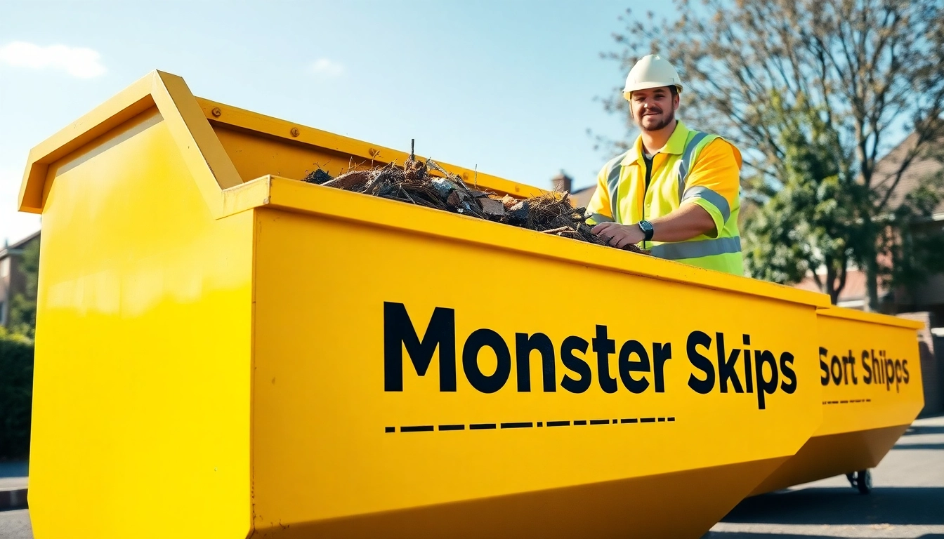 Efficient worker loading debris into a Monster Skips for waste management.