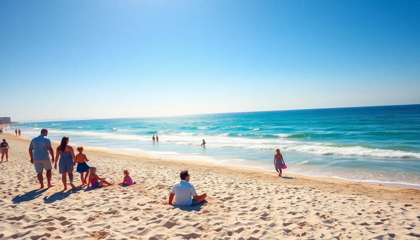 Visit https://myrtlebeachsc.com/ to see families enjoying the sunny Myrtle Beach shoreline.