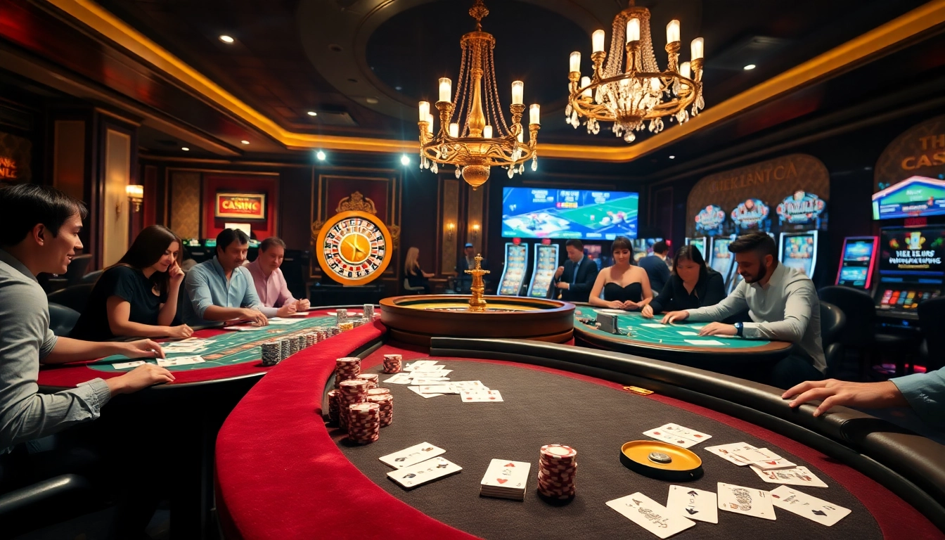 Excitation dans un casino en ligne avec des tables vibrantes, des machines à sous et des joueurs engagés dans un gameplay palpitant.