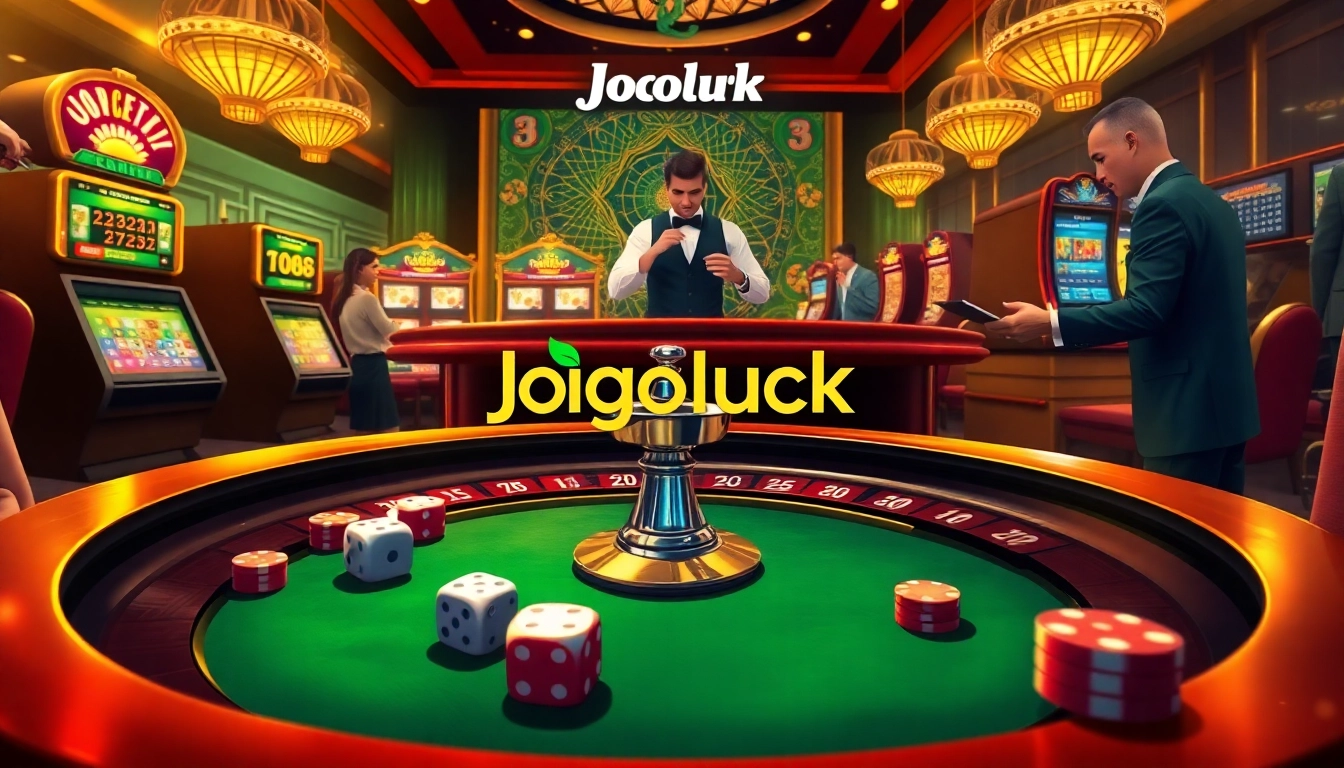 Exciting action at Jogoluck casino with roulette table, poker chips, and enthusiastic players.