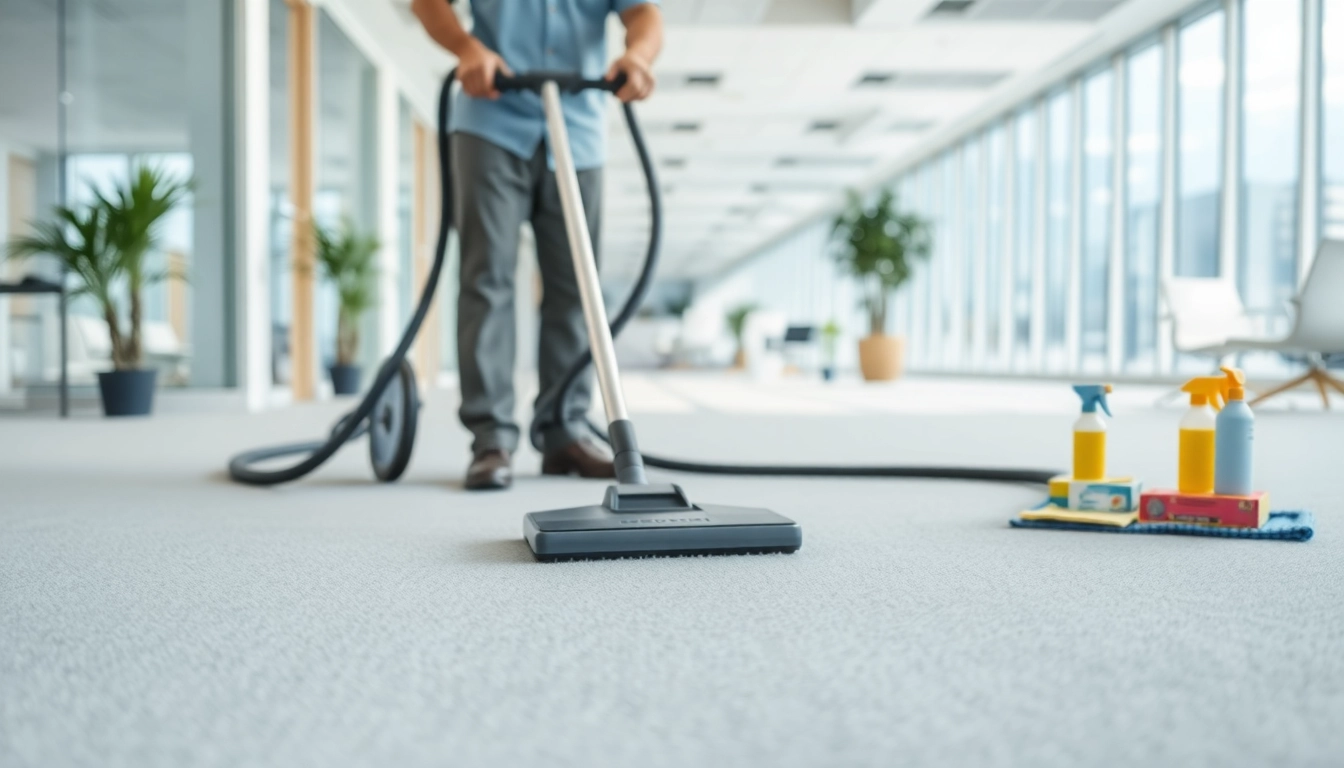 Expert performing commercial carpet cleaning in a bright office space, showcasing immaculate carpets and modern equipment.