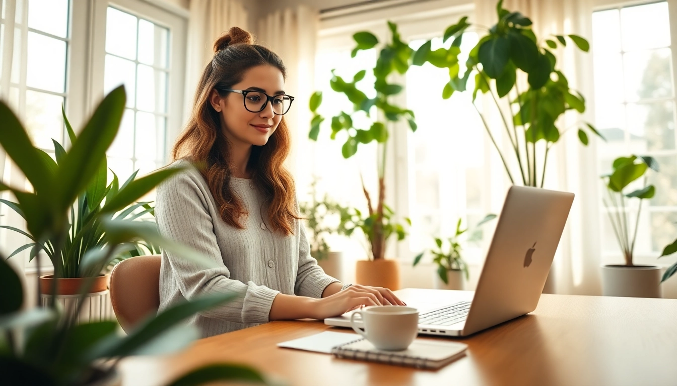 Engaging scene of a UK Lifestyle Blog creator in a stylish home office setting.