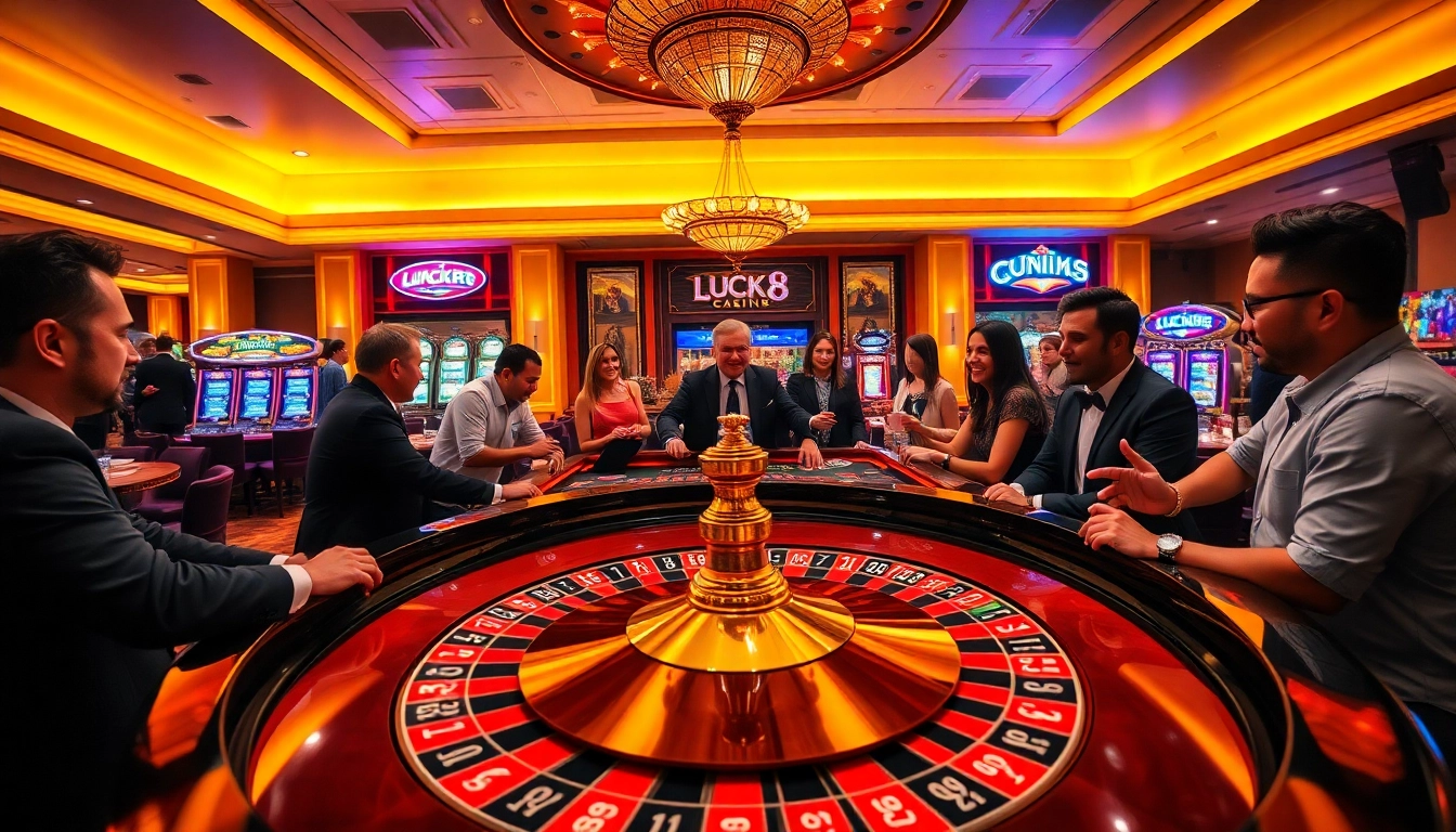LUCK8 Casino scene featuring players at a roulette table with vibrant casino elements.