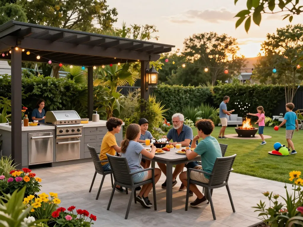 Outdoor living configurator showcasing a family enjoying a beautifully designed backyard with a modern patio.